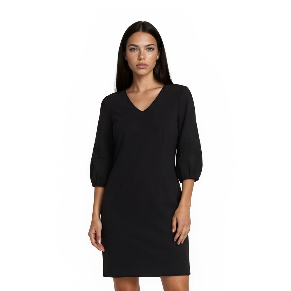 Talbots Dress Women's Size 8P Petite Black Eyelet Puff Sleeve‎ V Neck Classic